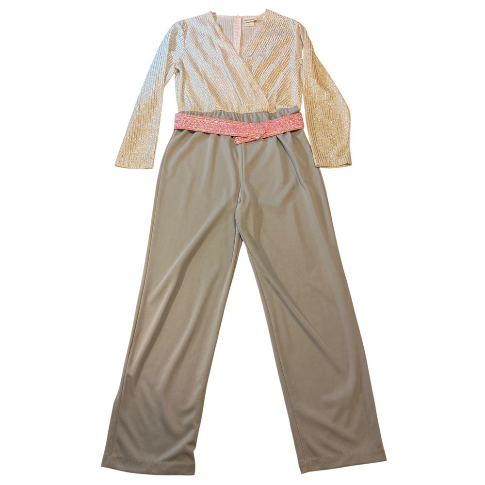 Virginia Gray Vintage 80s Metallic Silver Grey Jumpsuit Pink Sequin Belt Size 16